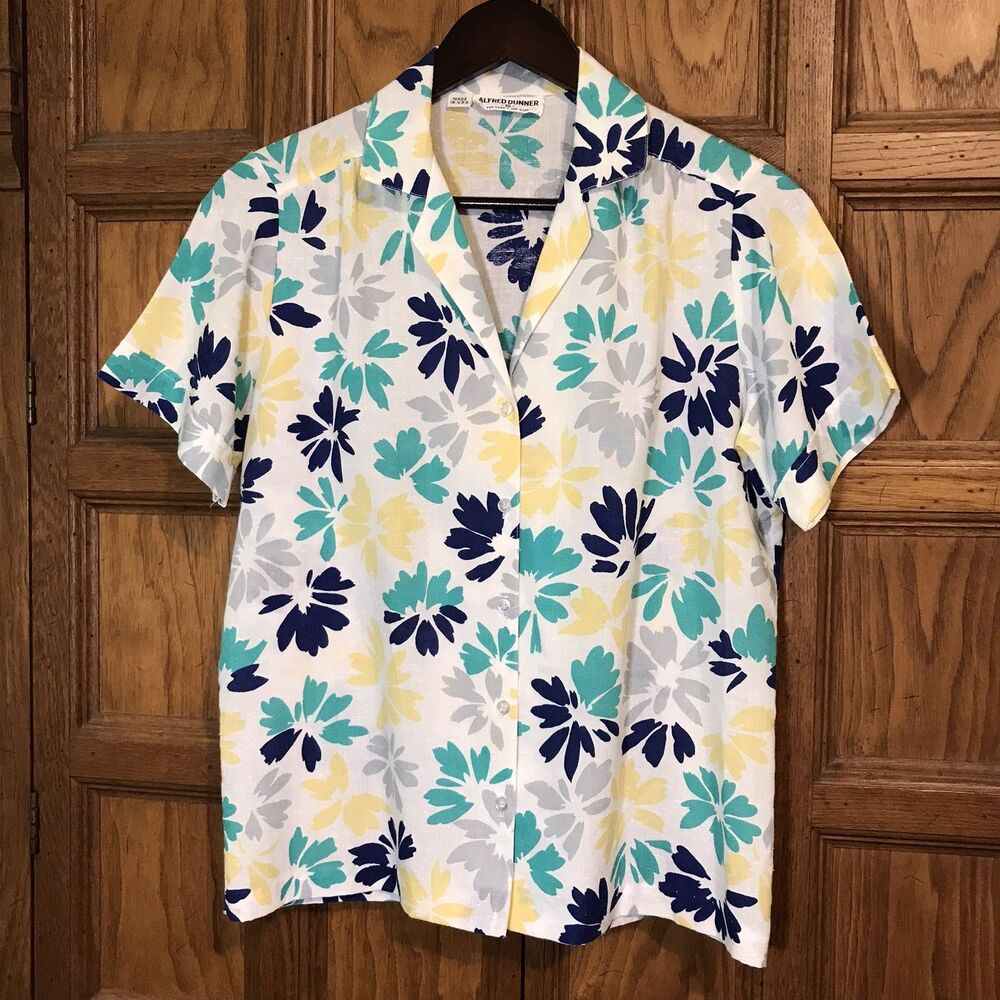 Alfred Dunner Linen Women's 10 Multi-Color Floral Blouse Short Sleeve Button-Up